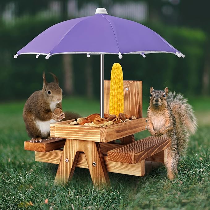 Gnodary Squirrel Feeder with Umbrella, Squirrel Feeders for Outside, Squirrel Picnic Table Feeder - Chipmunk Feeder Hold Corn, Corn Cob, Peanuts (Purple)