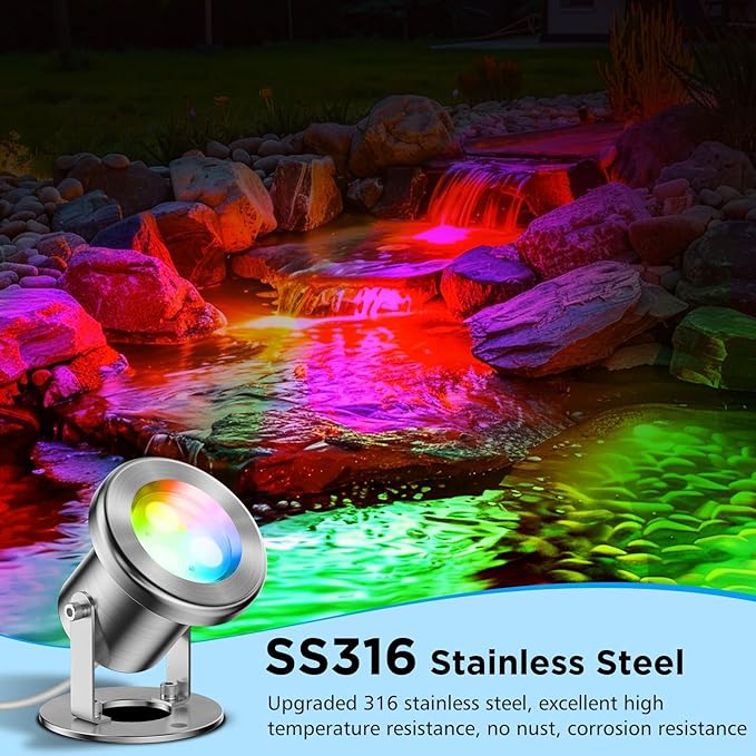LyLmLe LED Pond Lights with APP Control, 6W SS316 Stainless Steel RGB Underwater Fountain Light with 12V Transformer, IP68 Waterproof Outdoor Underwater Lights for Pond Waterfall, Black Wire(2-Spots)