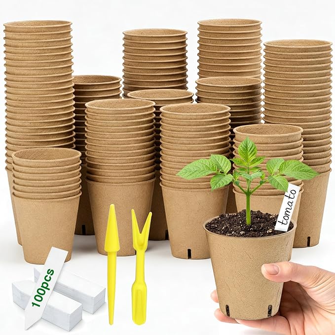 Peat Pots 150 Pack with 100 Plant Labels, 3.15 Inch Biodegradable Seedling Nursery Pots with Drainage Holes