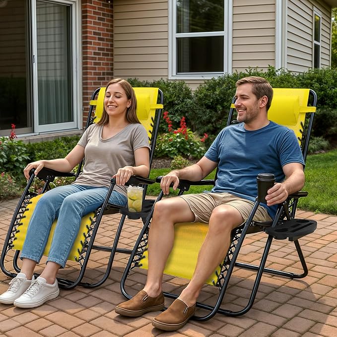 Magshion Zero Gravity Lounge Chairs Set of 2, Outdoor Patio Reclining Chair with Side Tray, Adjustable Anti-Gravity Recliners with Pillow Headrest, Folding Lounger for Lawn Camping Beach, Yellow