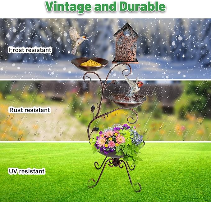 HONGLAND Bird Bath for Outside, 37" Antique Brass Metal Bird Bath Outdoors with Solar Lights, 4-in-1 Rust-Resistant Bird Feeder and House Combo, Detachable Flower Pots for Garden Yard Patio Decor