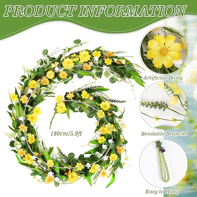 6.5 Ft Summer Garland for Mantle Artificial Yellow Daisy Swags Spring Wedding Decor Yellow Wildflower White Flowers Garland Vine for Porch Table Indoor Door Home All Year Decoration