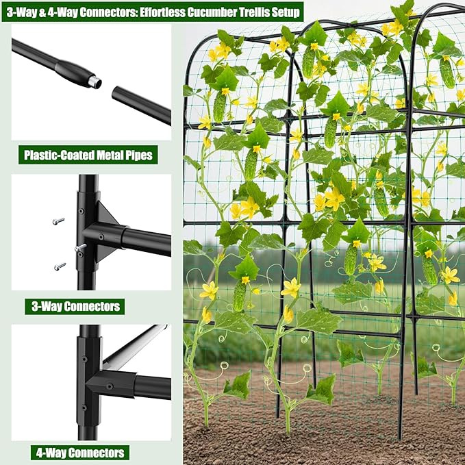 7ft Cucumber Trellis for Raised Bed, Garden Arch Trellis for Climbing Plants Outdoor Indoor, Metal Trellis Support with Net for Vegetables Tomato Zucchini Squash Beans Peas Melons, Rose Flowers,Vines