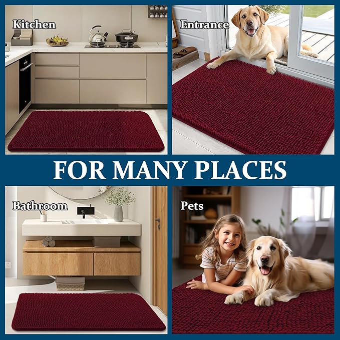 OLANLY Dog Door Mat for Muddy Paws 44x32, Absorbs Moisture and Dirt, Absorbent Non-Slip Washable Doormat, Quick Dry Chenille Mud Mat for Dogs, Entry Indoor Entryway Carpet for Inside Floor, Burgundy