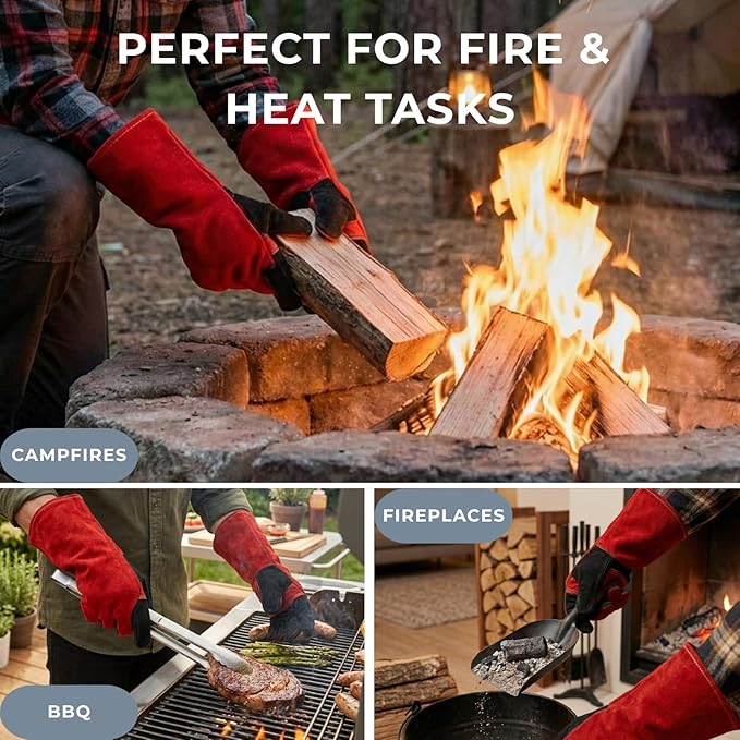 Welding Gloves for Men Women, 16 Inch Leather Heat Resistant Work Gloves, MIG TIG Welding, BBQ, Fireplace