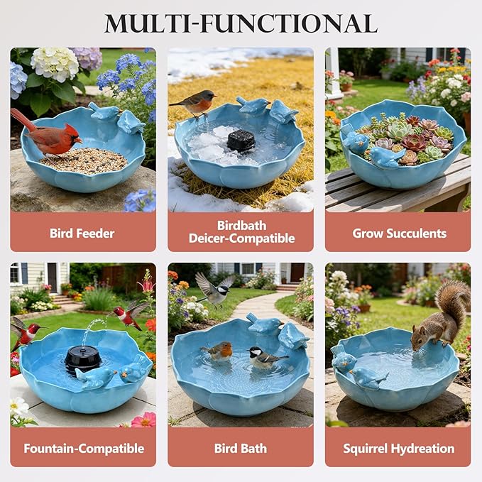 Ceramic Bird Bath for Outdoors, 10.1” Hand-Painted Glazed Ceramic Bird Baths Bowls and Feeders for Outside, UV/Frost-Resistant Finish Ground Garden Table Top Bird Baths Decor for Patio Yard Home Blue