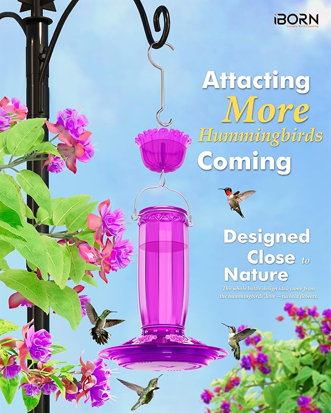 iBorn Hummingbird Feeder for Outdoors Hanging with Ant Moat for Hummingbird Feeder 8 Ports for 16oz Hummingbird Nectar, Pack of 2, Red Bottle Red Base & Fuchsia Bottle Fuchsia Base