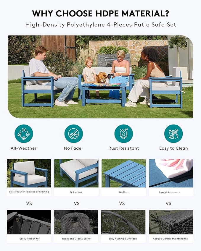 SERWALL HDPE Outdoor Loveseat with Cushions, All Weather Use Outdoor Loveseat Sofa, Blue Frame with Khaki Cushions