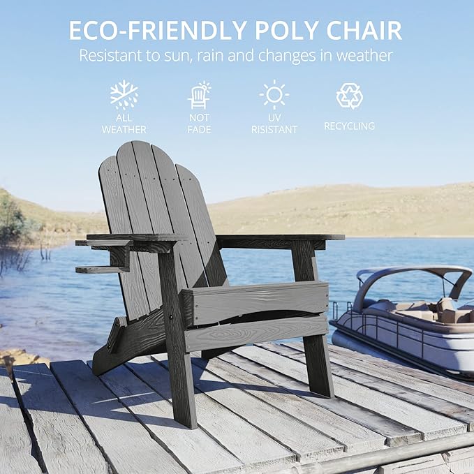 LUE BONA Folding Adirondack Chair 3 Piece Set, Dark Gray HDPS Outdoor Chair with Side Table & Cup Holder for Fire Pit Porch Seating