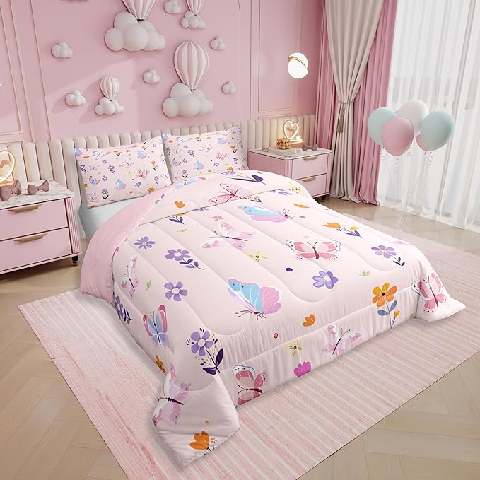 Erosebridal Cute Pink Floral Twin Comforter Set,Butterfly Kawaii Bedding Sets for Girls Kids,Flower Garden Quilt Bed Set,Coquette Girly Flowers Bedroom Decor,1 Pillowcase Breathable
