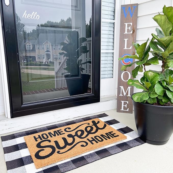 Home Sweet Home Doormat Set, 2-Piece Layered Front Porch Mat Combo, Natural Coir Welcome Mat with Black and White Buffalo Plaid Rug, Farmhouse Outdoor Entryway Decor for Porch, Patio, Home