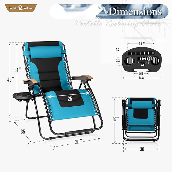 Sophia & William Oversized XXL Zero Gravity Chair, Padded Recliner Outdoor Gravity Chair with Free Cup Holder, Supports 400 LBS (Aqua)