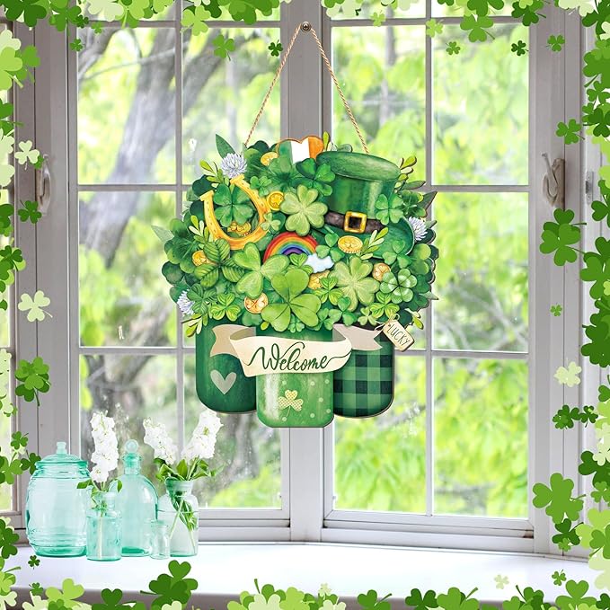 Boao St. Patrick's Day Welcome Sign Wooden Hanging Decor Farmhouse Rustic Door Decoration St. Patrick's Day Wreath Sign with Bow Ornament for Irish Home Indoor Outdoor Holiday Farmhouse Window