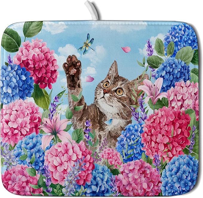 Hydrangea Floral Dish Drying Mat Cute Cat Microfiber Absorbent Dish Drying Pad for Kitchen Counter 16 X 18