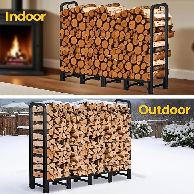 Amagabeli 5ft Firewood Log Rack Outdoor Heavy Duty Logs Holder for Fireplace Indoor Outdoor Adjustable Wood Racks for Fire Wood Holder Metal Pile Stand Storage Stacker Organizer Black
