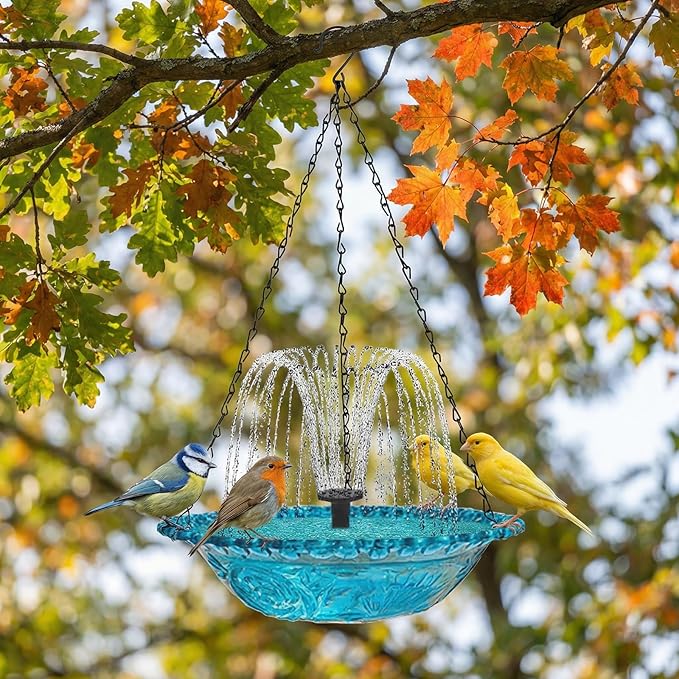 Solar Hanging Bird Baths Bowl Outdoor Bird Feeder 15.7 Inch Metal Chains, Weather-Resistant Hanging Wildbird Feeder & Bath Tray for Garden, Patio, Backyard (Solar Style)