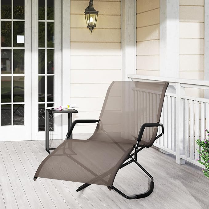 Outsunny Outdoor Folding Rocking Chair, Foldable Chaise Lounge Pool Chair, Zero Gravity Lounge Chair with Armrests for Sun Tanning, Sunbathing, Rocker for Patio, Lawn, Beach, Brown