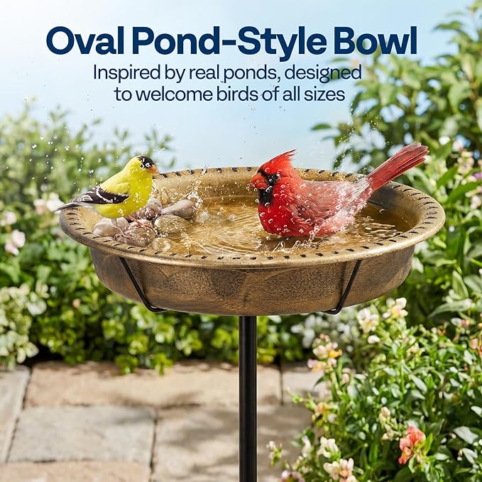 VIVOHOME Oval Bird Bath for Outside, Outdoor Birdbath Bowl with Metal Ground Stake, Weather-Resistant ABS Bird Bath and Feeder for Garden, 1.3 Gallons, Copper