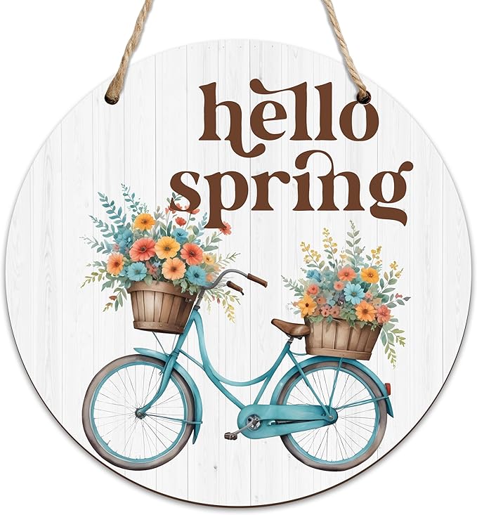 Spring Hanging Decor For Front Door, Bicycle Planter Welcome Spring Round Sign Decor For Farmhouse Home Yard Porch, Hello Spring Decorations, Spring Wall Plaque Gifts For Friends Family -04