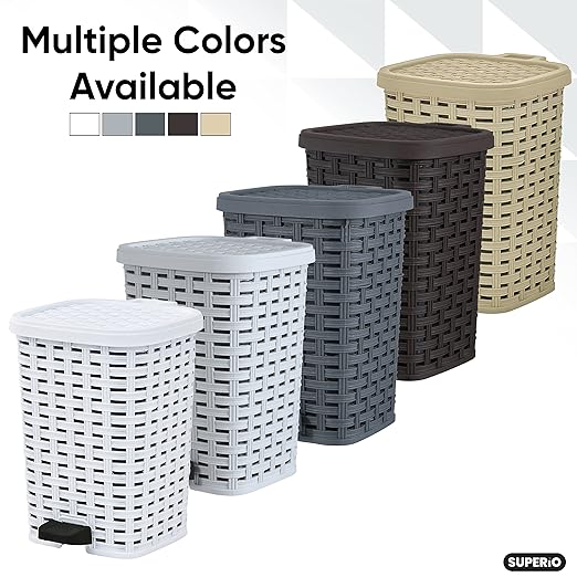 Superio Mini Trash Can with Foot Pedal Small Outdoor Garbage Can with Lid, 1.5 Gallon Plastic Waste Basket for Bathroom, Bedroom, Kitchen, Office, Patio (Wicker Grey 6 QT.)