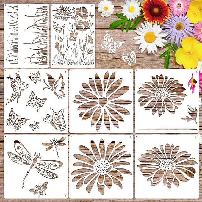 Large Flower Stencils for Painting, 8pcs Wall Stencils for Painting Large Pattern, Reusable Floral Butterfly Fence Stencils for Outdoors Garden Wood Walls DIY Crafts Home Canvas Furniture
