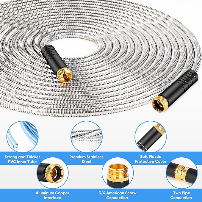 Garden Hose 100 FT, Metal Stainless Steel Water Hose with 10 Function Nozzles, No Kinks, Flexible Hose, Lightweight, Puncture Proof, Heavy Duty Hose for Yard and Outdoor, Silver