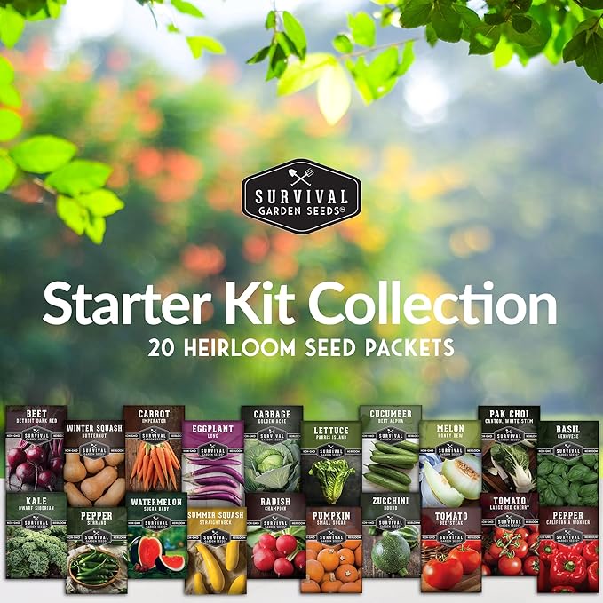 Vegetable Garden Starter Kit – 20 Variety Heirloom Non-GMO Seeds for Planting | Giftable Family Garden Kit for Beginner Victory Gardens – Start Growing Indoors or Outdoors – Survival Garden Seeds