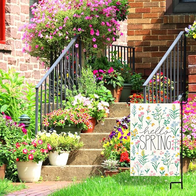 DIYDEC Hello Spring Garden Flag 12x18 Inch Vertical Double Sided Burlap Spring Tulip Flowers Flag Holiday Yard Sign for Outdoor Garden Seasonal Farmhouse Spring Summer Decoration