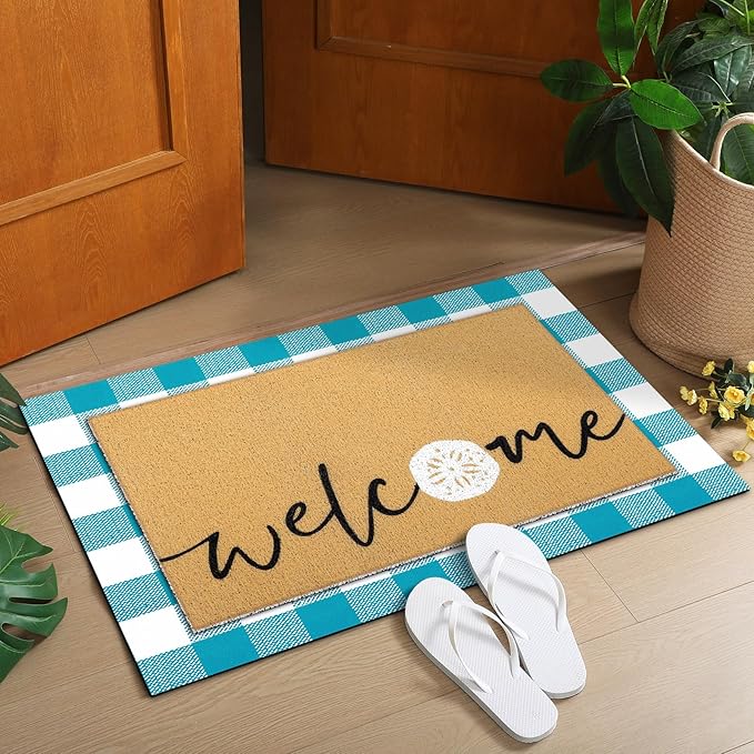 Tinideya 2 Pcs Summer Door Mat Non Slip Wildflower Coastal Hello Sunshine Sweet Home Ocean Pet Welcome Floor Doormat Buffalo Plaid Checked Stripe Mat Seasonal for Front Porch Entryway(Seashells)