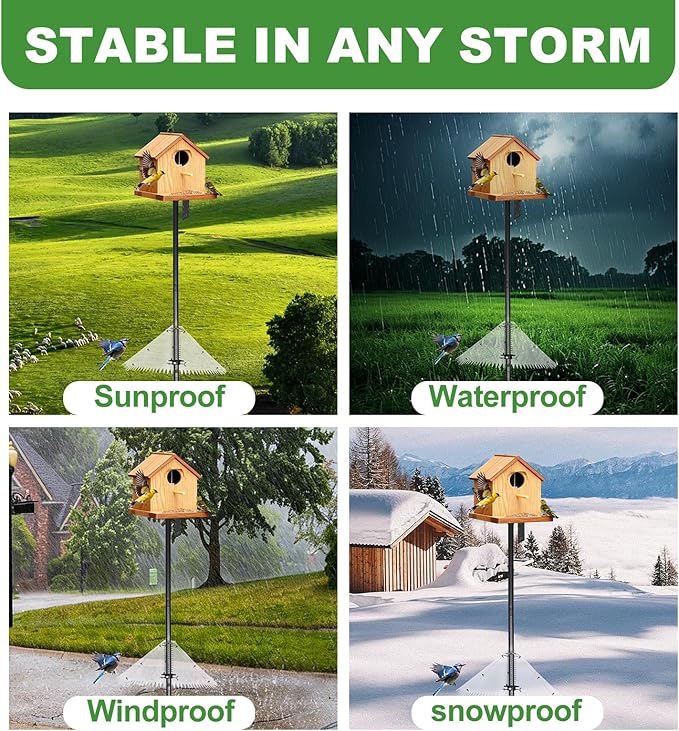Bird Feeder Pole with Squirrel Baffle 92 Inch Bird House Poles Squirrel Proof for Outdoors Heavy Duty Smart Bird Feeding Station with Stainless Steel Spring Adjustable Height Mounting Pole