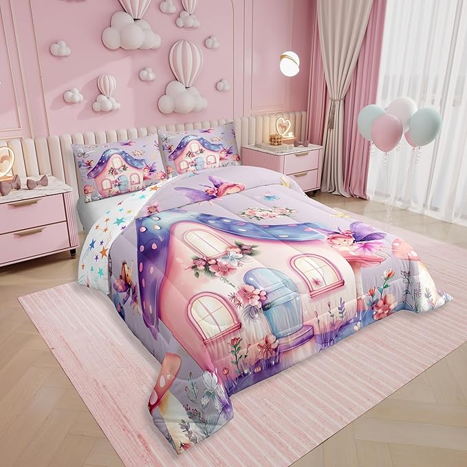Erosebridal Fairy Garden Full Comforter Set,Dreamy Fairy Butterfly Bedding Sets for Girls Kids,Cute Pink Floral Quilt Bed Set,Kawaii Mushroom Flower Bedroom Decor,2 Pillowcases Reversible