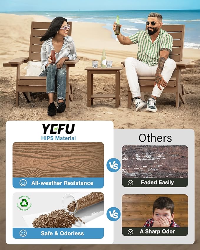 YEFU Adirondack Chair, Folding Adirondack Chairs with Arc Back & Cup Holder, Weather Resistant Plastic Oversized Chair for Outdoor Patio Lawn Garden Backyard Deck Fire Pit, Teak