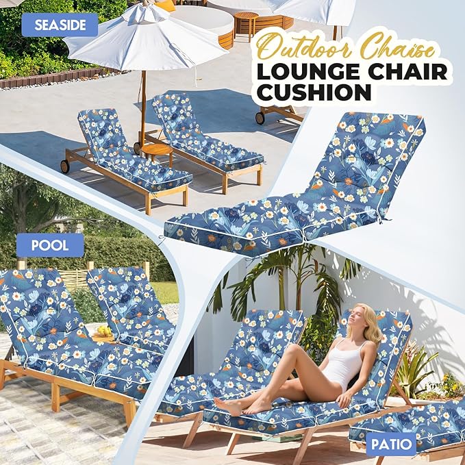 Outdoor Chaise Lounge Chair Cushion, Waterproof Non-Slip Patio Chaise Lounge Cushions for Outdoor Furniture, Thickened Patio Pool Lounger Chair Cushion, 76.4 x 22.8 x 4.7 Inches, Blue Floral