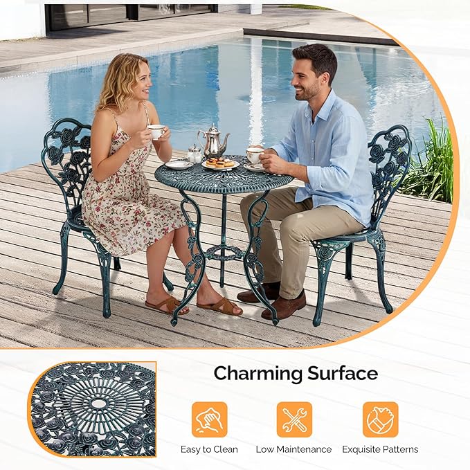 VINGLI 3 PCS Outdoor Bistro Set, Outdoor Patio Set, All-Weather Cast Aluminum Bistro Table Set, Bistro Table and Chairs Set of 2 for Backyard, Garden, Balcony (Green, Rose)