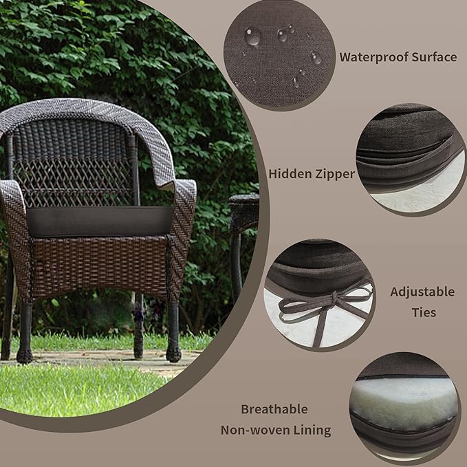 19"x 19"x 3" Patio Chair Cushions Set of 2, Waterproof Outdoor Chair Cushions, Patio Seat Cushion with Adjustable Ties, Darkgrey
