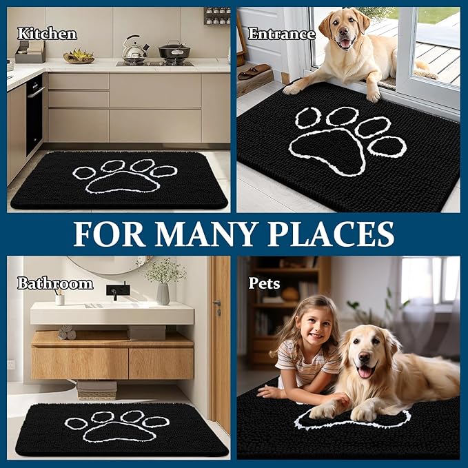 OLANLY Dog Door Mat for Muddy Paws 47x32, Paw Print Design, Absorbs Moisture and Dirt, Absorbent Non-Slip Washable Doormat, Quick Dry Chenille Mud Mat for Dogs, Entry Indoor Entryway Carpet, Black