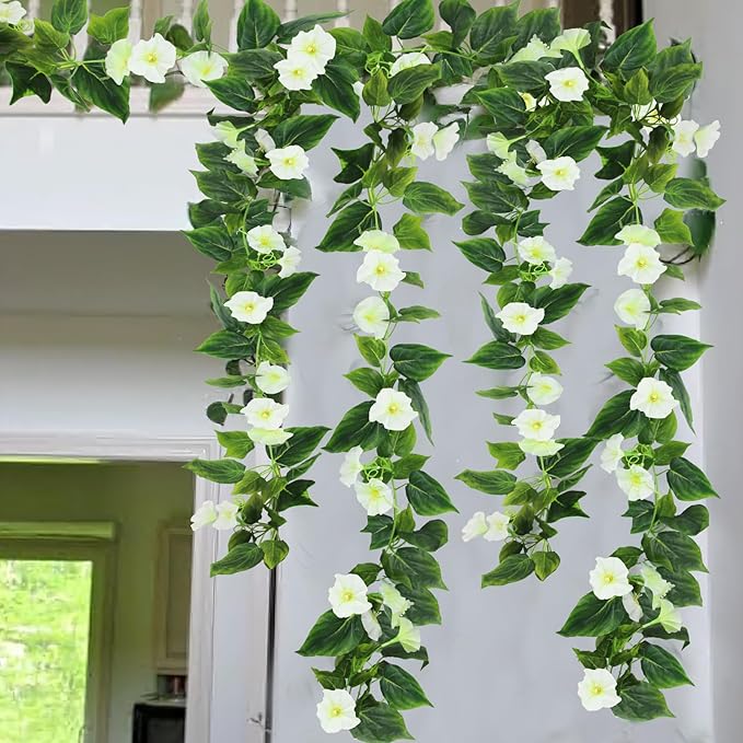 CISDUEO 2 Pcs Artificial Vines Silk Morning Glory Vines for Outdoor 15Feet Hanging Plants Garland White Fake Green Plant Morning Glories for Home Decor Wall Fence Stairway Wedding Hanging Baskets