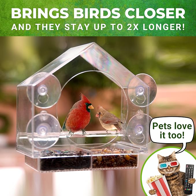 Nature Anywhere Window Bird Feeder - Transparent Acrylic Bird Feeders for Outdoors - Enhanced Suction Grip, Bird Watching for Cats, Easy-to-Clean, Outdoor Birdhouse Feeder (2 Units)