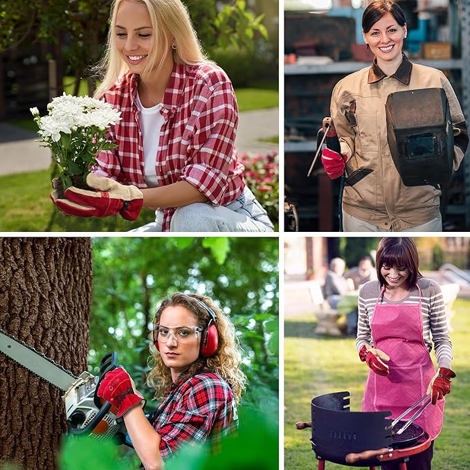 Leather Work Gloves for Women, Large Glove for Gardening, Tig/Mig Welding, Construction, Chainsaw, Farm, Ranch, etc. Cowhide, Cotton Lined, Utility, Firm Grip, Durable. Rose Red - Grey L
