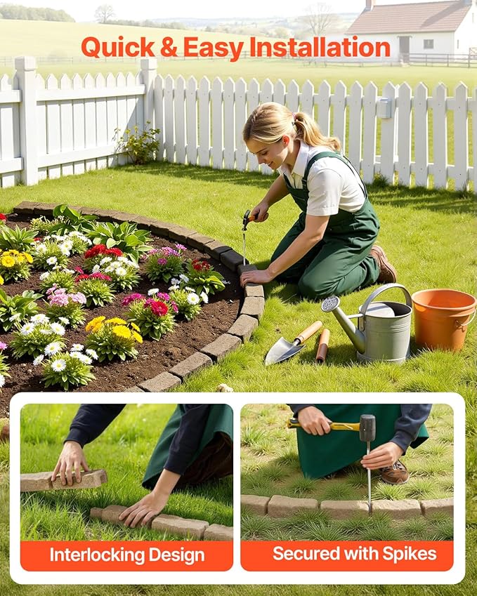 VEVOR Faux Stone Landscape Edging, No Dig Garden Edging Border, Flexible Blocks for Lawn Edging, Flower Beds, Driveway, Yards with 12 Spikes, 4 Pack 24 Bricks 16FT Kit, 46.5" Lx 3.7" W x 2.2" H, Beige