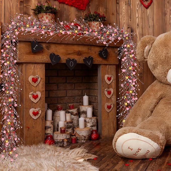 6.5 Ft Valentine's Day Berry Garland Twig Red Pink Berry Glitter Hearts Garland with LED Lights Artificial Vine for Valentines Wedding Anniversary Fireplace Mantel Table Home Wall Indoor Party Decor