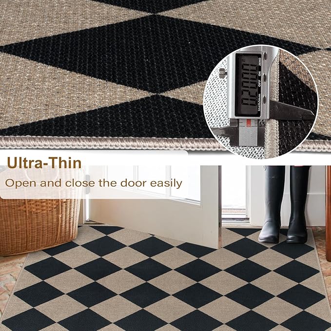 Easy Jute Checkered Entryway Rug, 2x3 Black Modern Indoor Outdoor Doormat, Washable Non-Slip Neutral Small Kitchen Rug Farmhouse Diamond Throw Rugs for Entrance Bedroom Bathroom