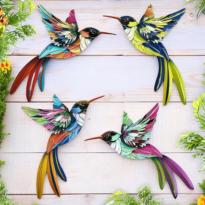 WHBIMGOOO 4 Pack Metal Hummingbird Wall Art Decor, 3D Colorful Birds Outdoor Sculpture for Garden Fence, Backyard, Outdoor Wall, Patio and Balcony, Great Gifts for Family Friends