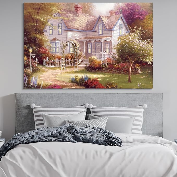 STUDIO HAVEN Thomas Kinkade Canvas Wall Art, Garden Cottage White Picket Fence Flower Archway Lush Bloom Oil Painting Poster Charming Countryside Wall Decor, Framed Prints for Home Decor, 28x20Inch
