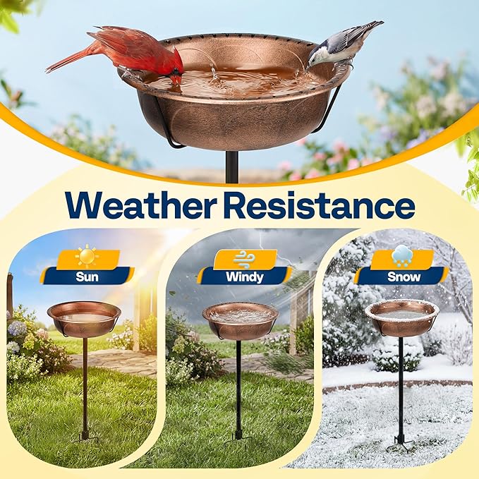 VIVOHOME Bird Bath for Outside, Outdoor 13'' Birdbath Bowl with Metal Ground Stake, Weather-Resistant ABS Bird Bath and Feeder for Garden, 1.45 Gallons, Bronze
