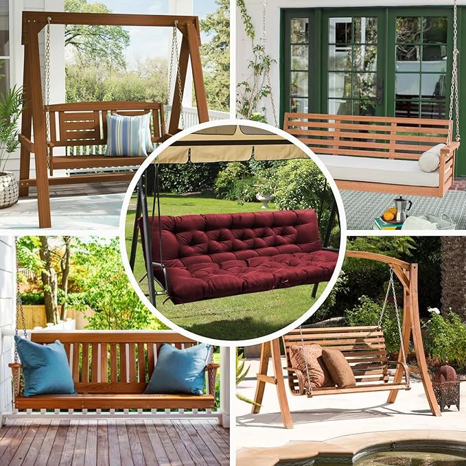 Porch Swing Cushions, Waterproof Swing Cushions Replacement with Backrest, Outdoor Swing Bench Cushions 2-3 Seater Replacement for Patio Furniture 60x40 (Red)