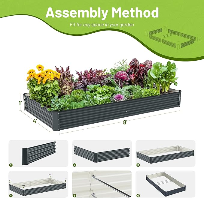2PCS 8x4x1FT Galvanized Raised Garden Bed Kit, Galvanized Planter Raised Garden Boxes Outdoor, Large Metal Raised Garden Beds for Vegetables-Grey