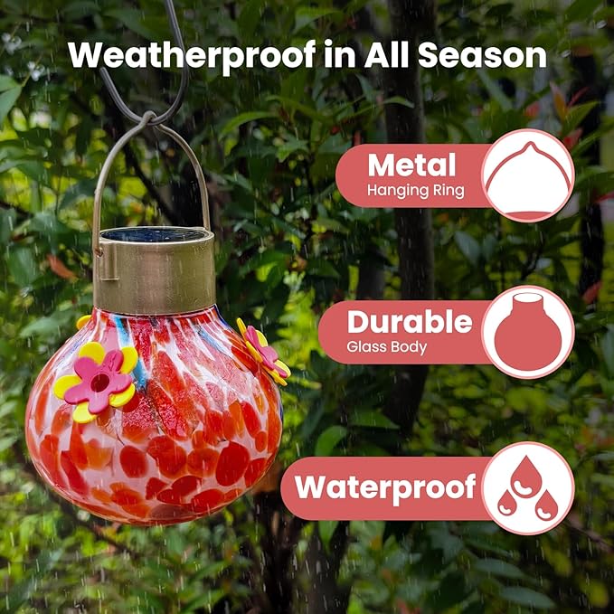Hummingbird Feeder with Solar Light, Glass Hummingbird Feeder for Outdoors, Auto-Lighting Solar Light for Garden Decor, 3 Ports Attract More Birds, Waterproof Lamp, Ideal Gift, Red
