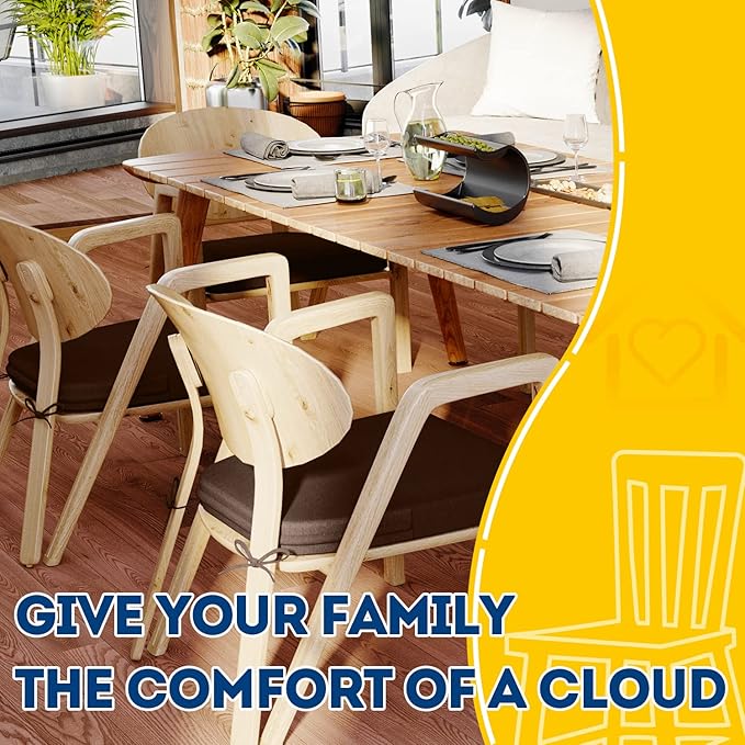 AAAAAcessories D-Shaped Chair Cushions, 2" Thick Dining Chair Pads with Ties and Removable, Machine-Washable Cover, 17" x 16", Set of 4, Brown