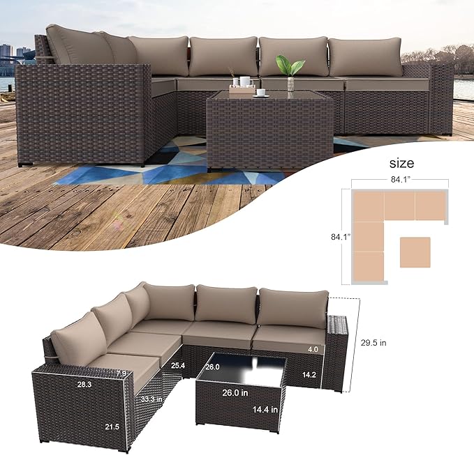 Kullavik 9 Pieces Outdoor Patio Furniture Set,PE Wicker Rattan Sectional Sofa Patio Conversation Sets with Tempered Glass Table,Swivel Rocking Chairs Set,Sand